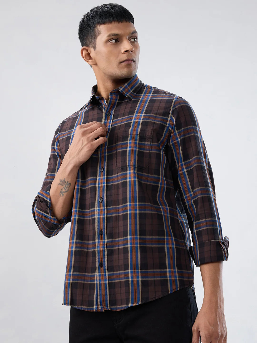 Men Shirt Check Brown Regular Fit