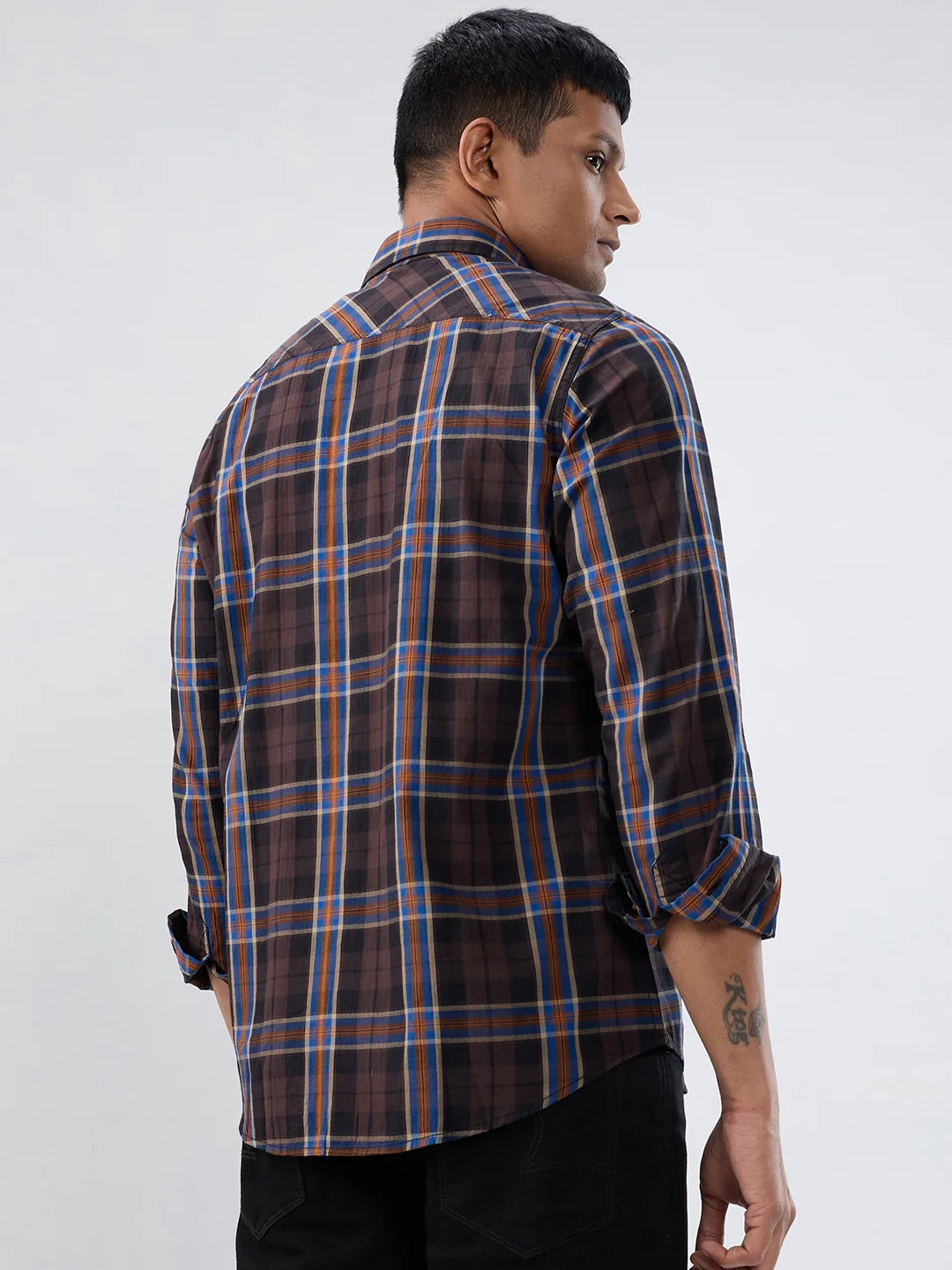 Men Shirt Check Brown Regular Fit