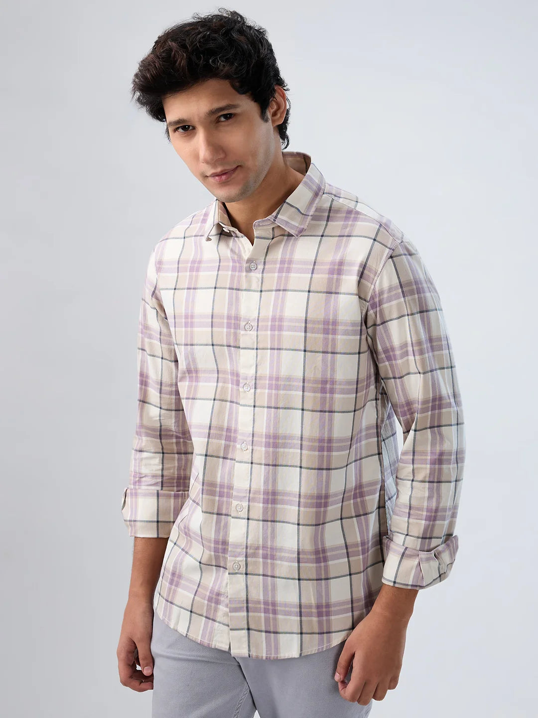 Men Shirt Check Purple Regular Fit