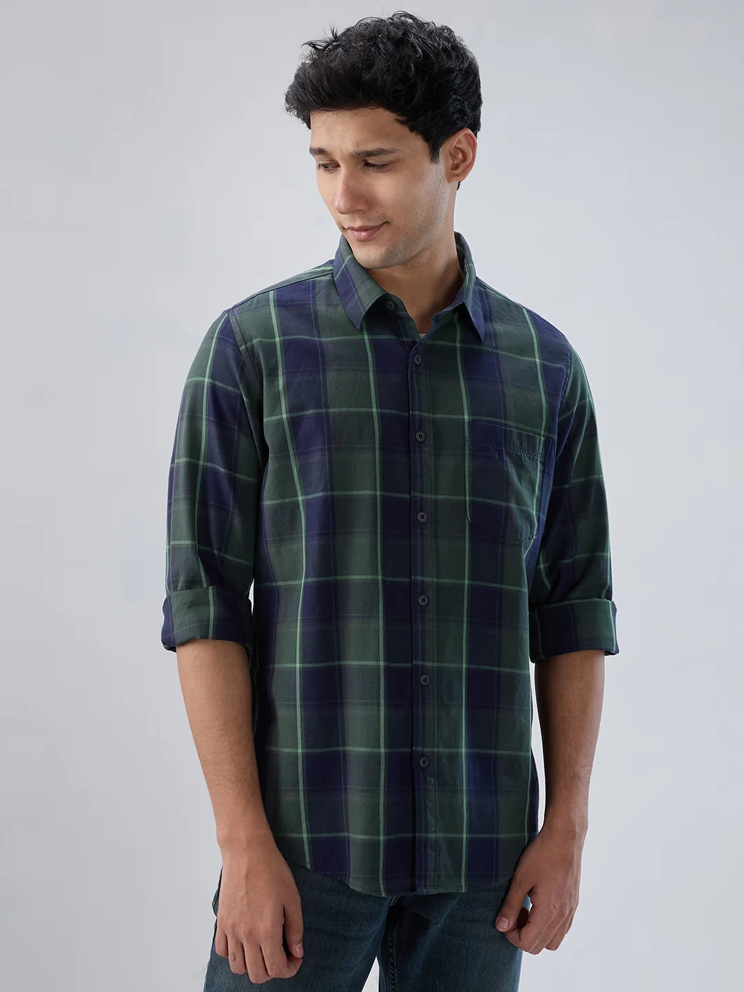 Men Shirt Check Green Regular Fit