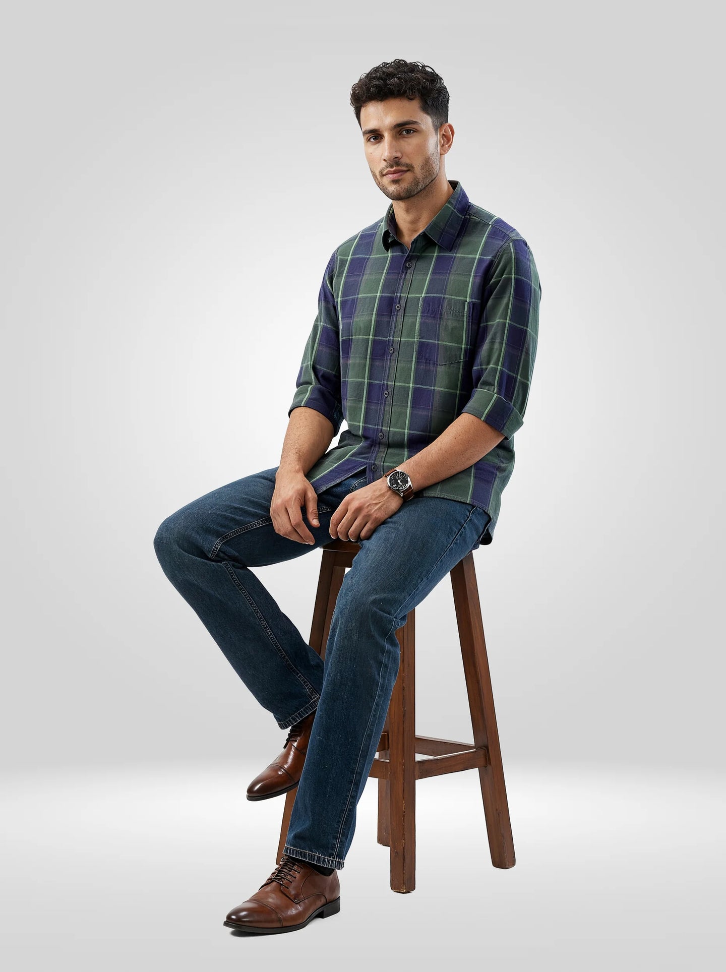 Men Shirt Check Green Regular Fit