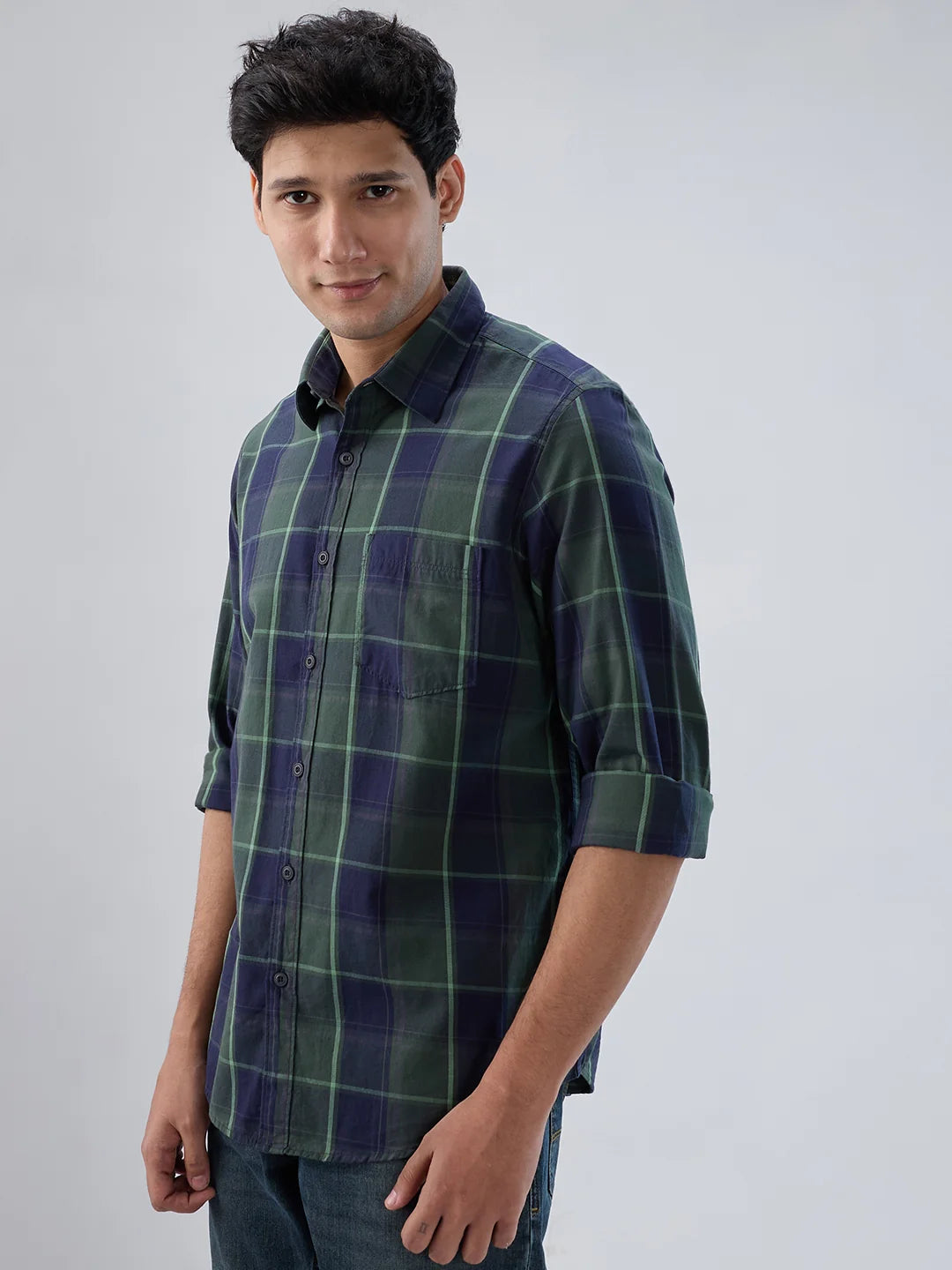Men Shirt Check Green Regular Fit