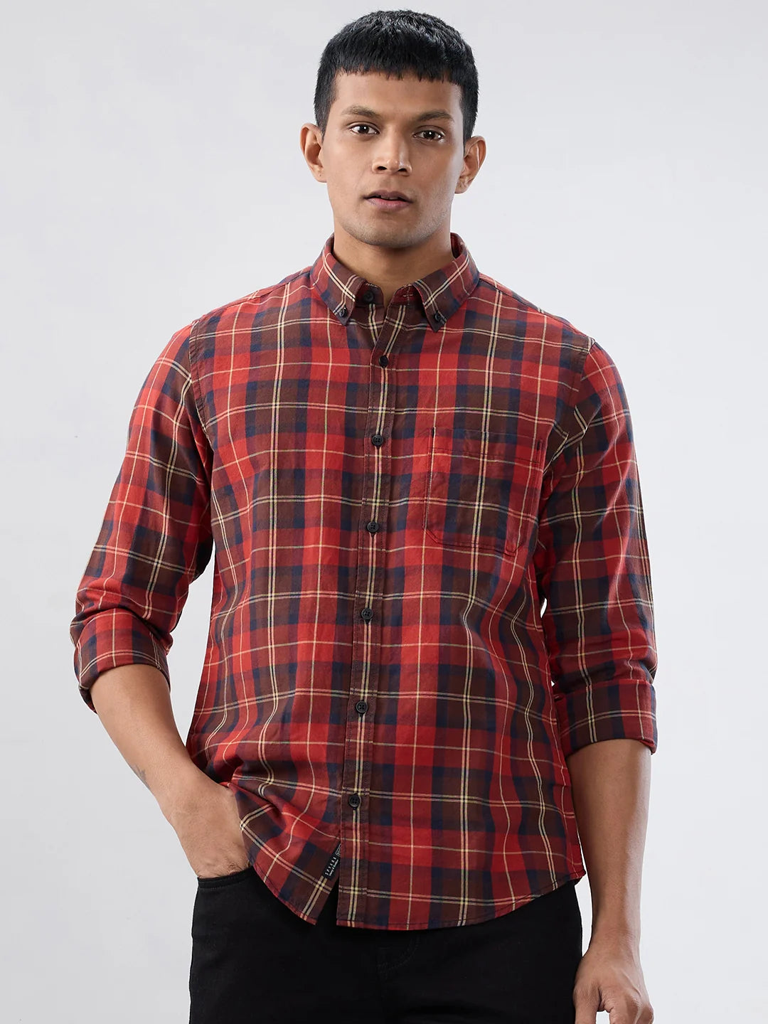 Men Shirt Check Red Regular Fit