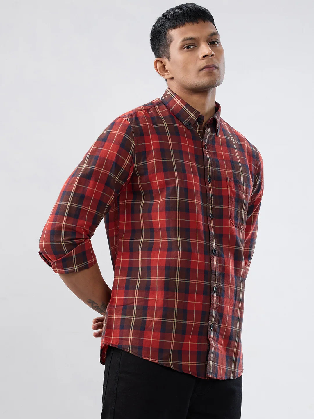 Men Shirt Check Red Regular Fit