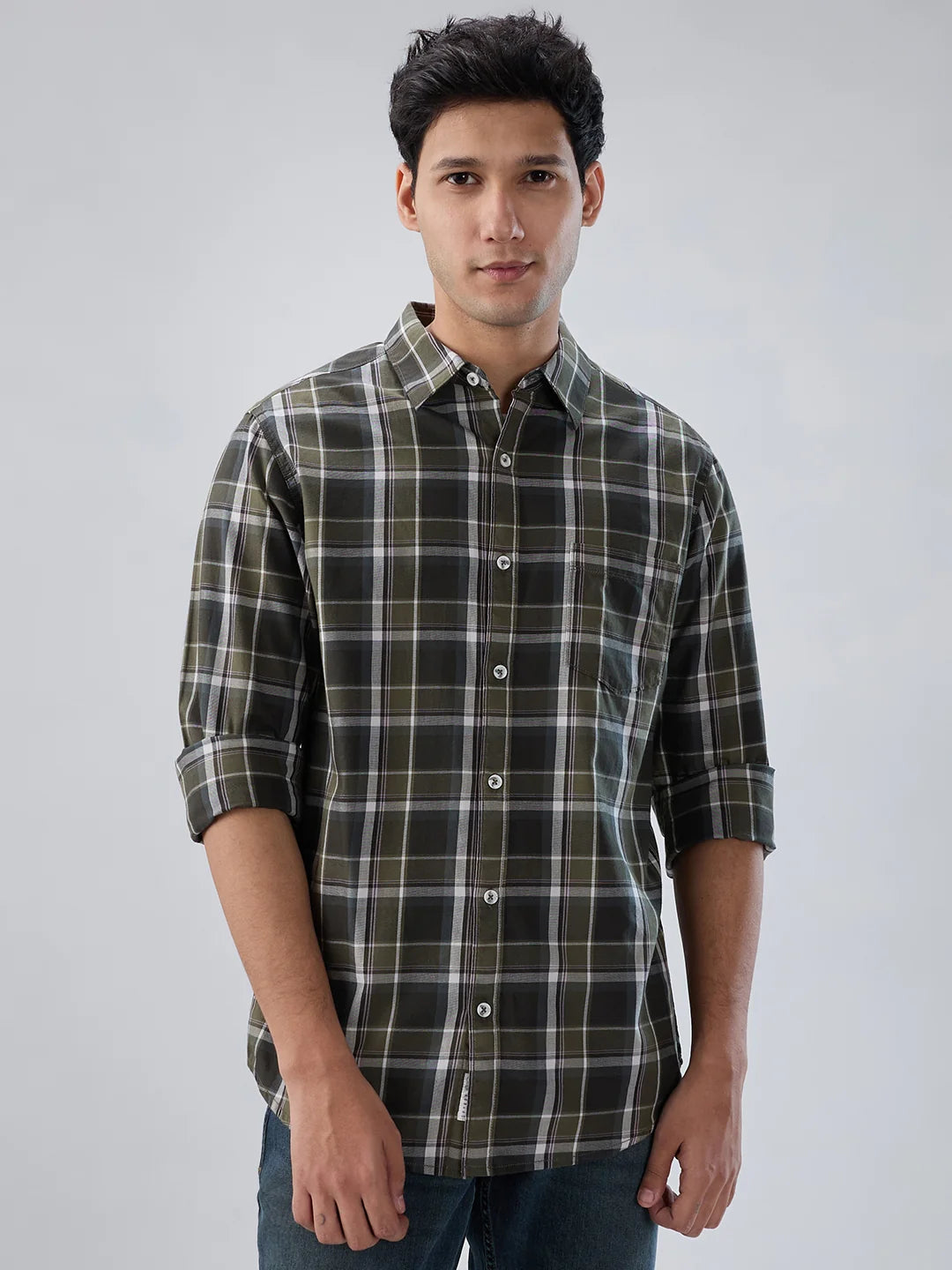 Men Shirt Check Green Regular Fit