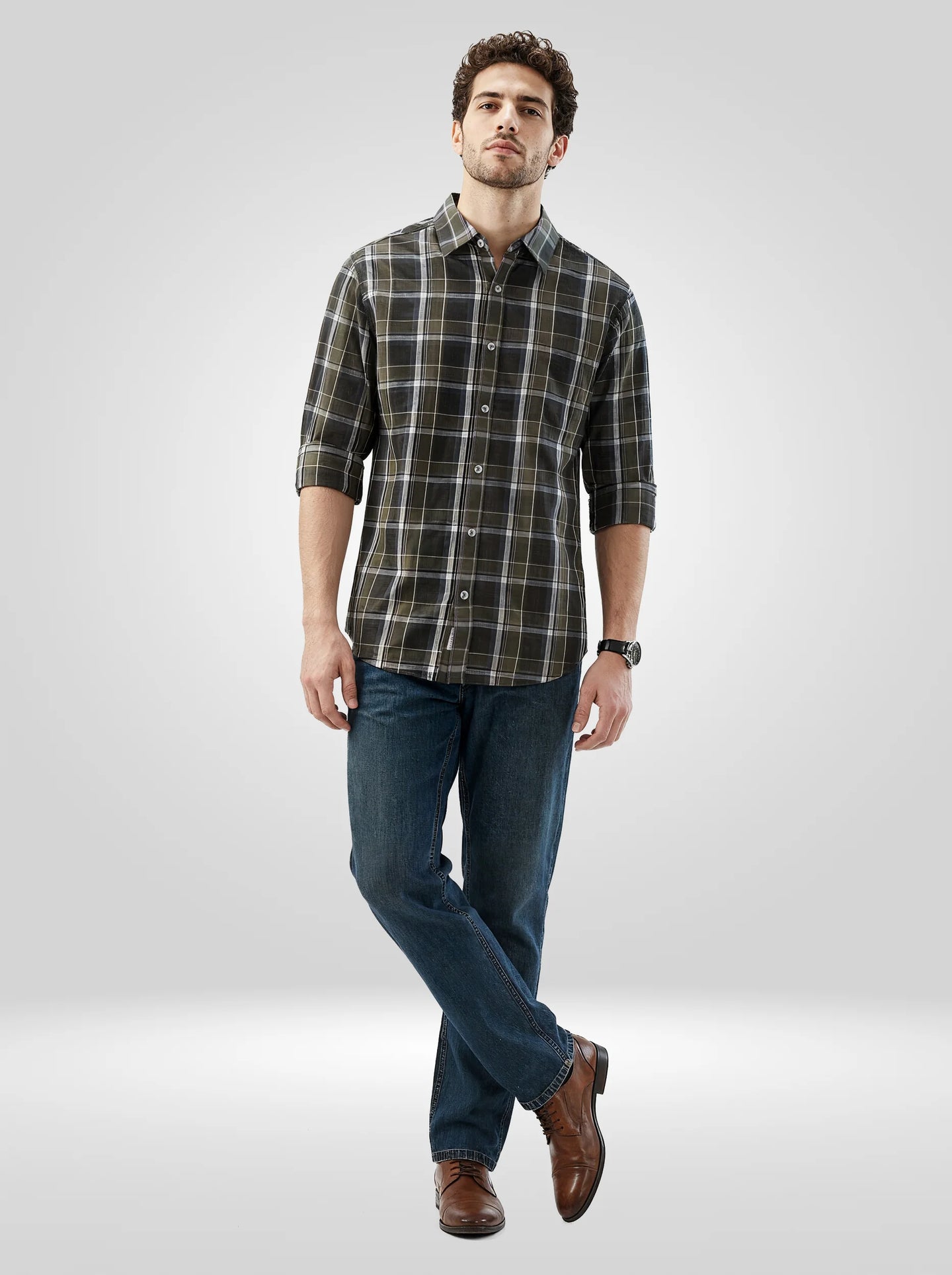 Men Shirt Check Green Regular Fit