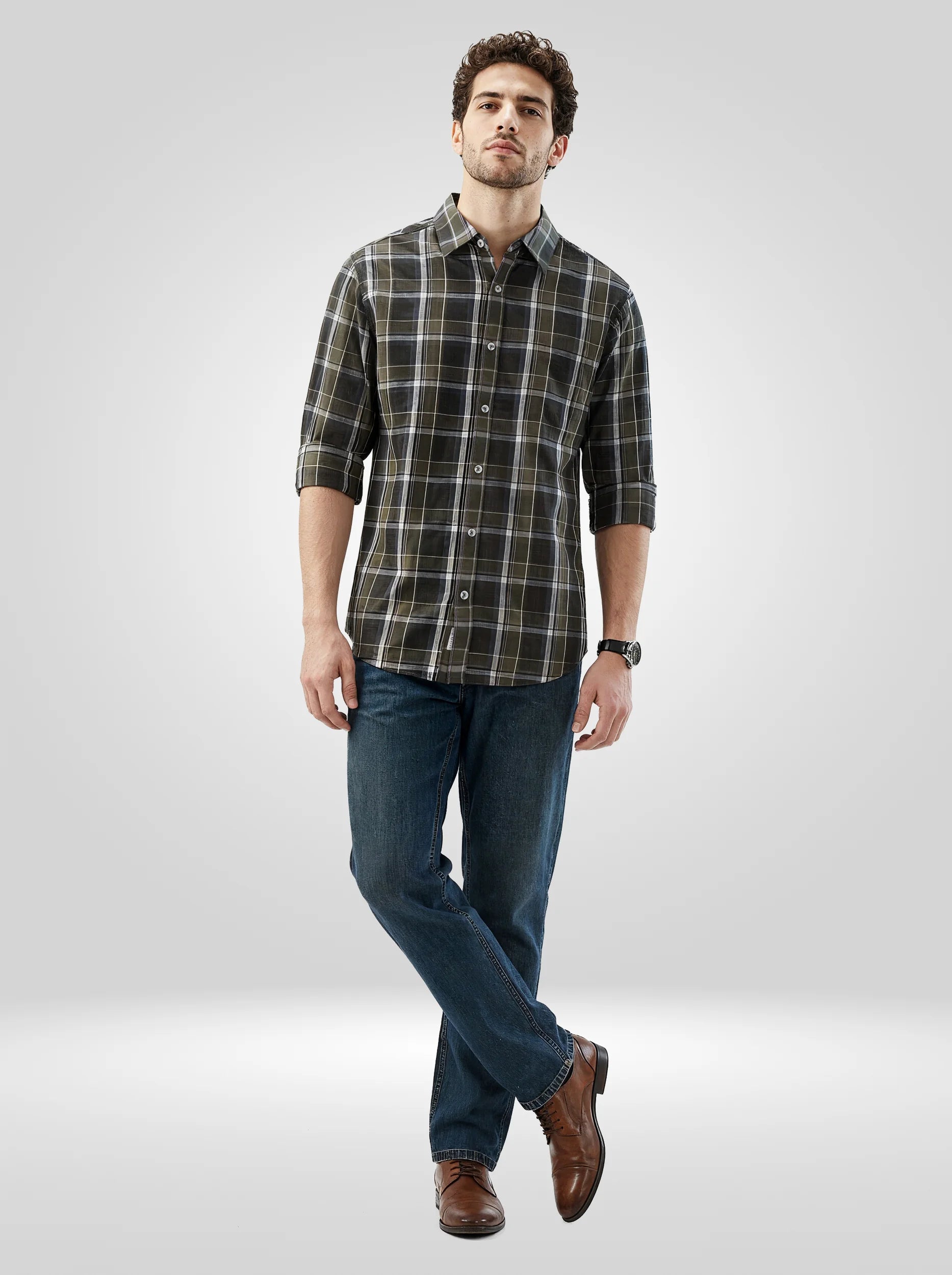 Men Shirt Check Green Regular Fit