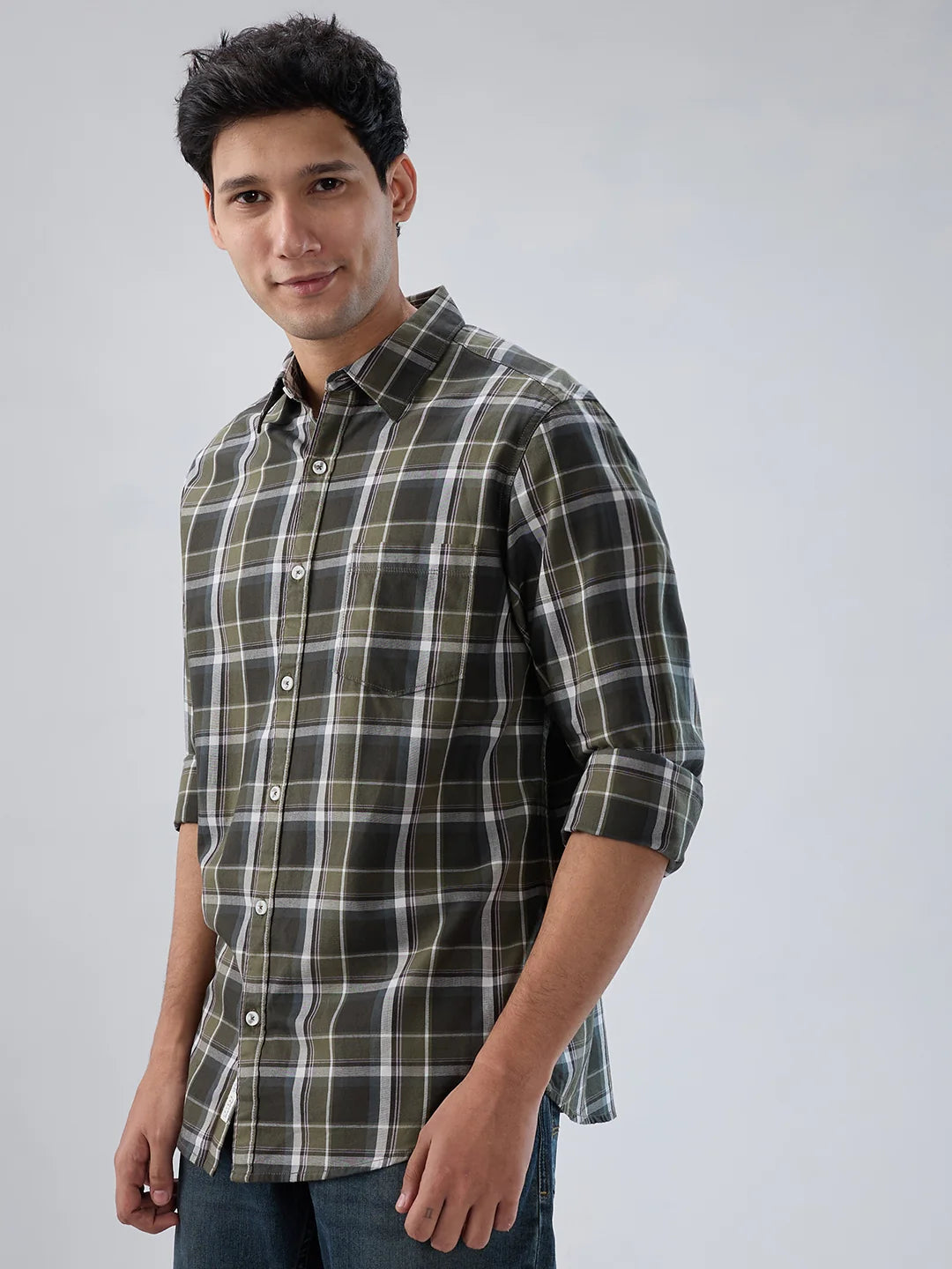 Men Shirt Check Green Regular Fit