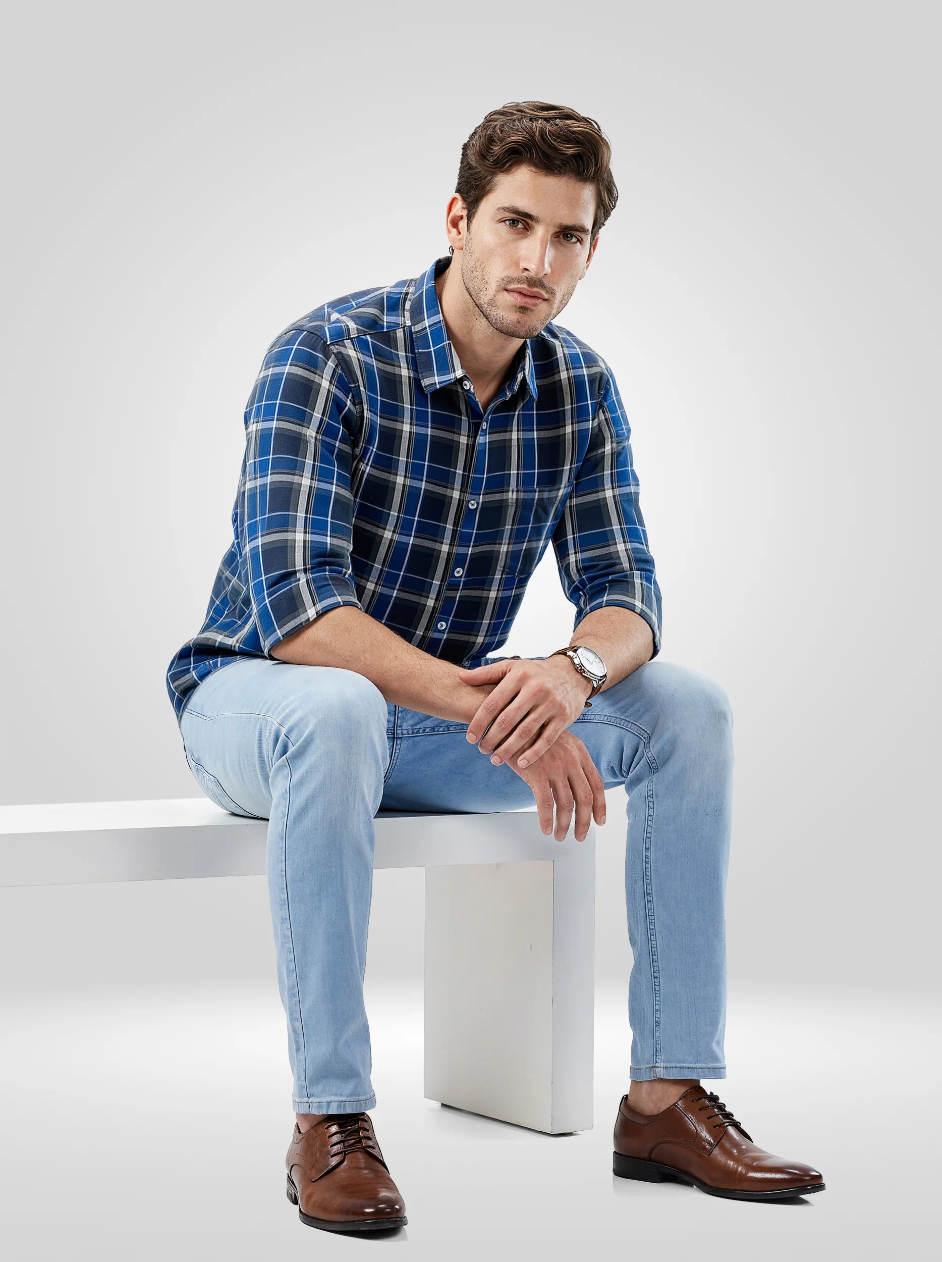 Men Shirt Check Navy Blue Regular Fit