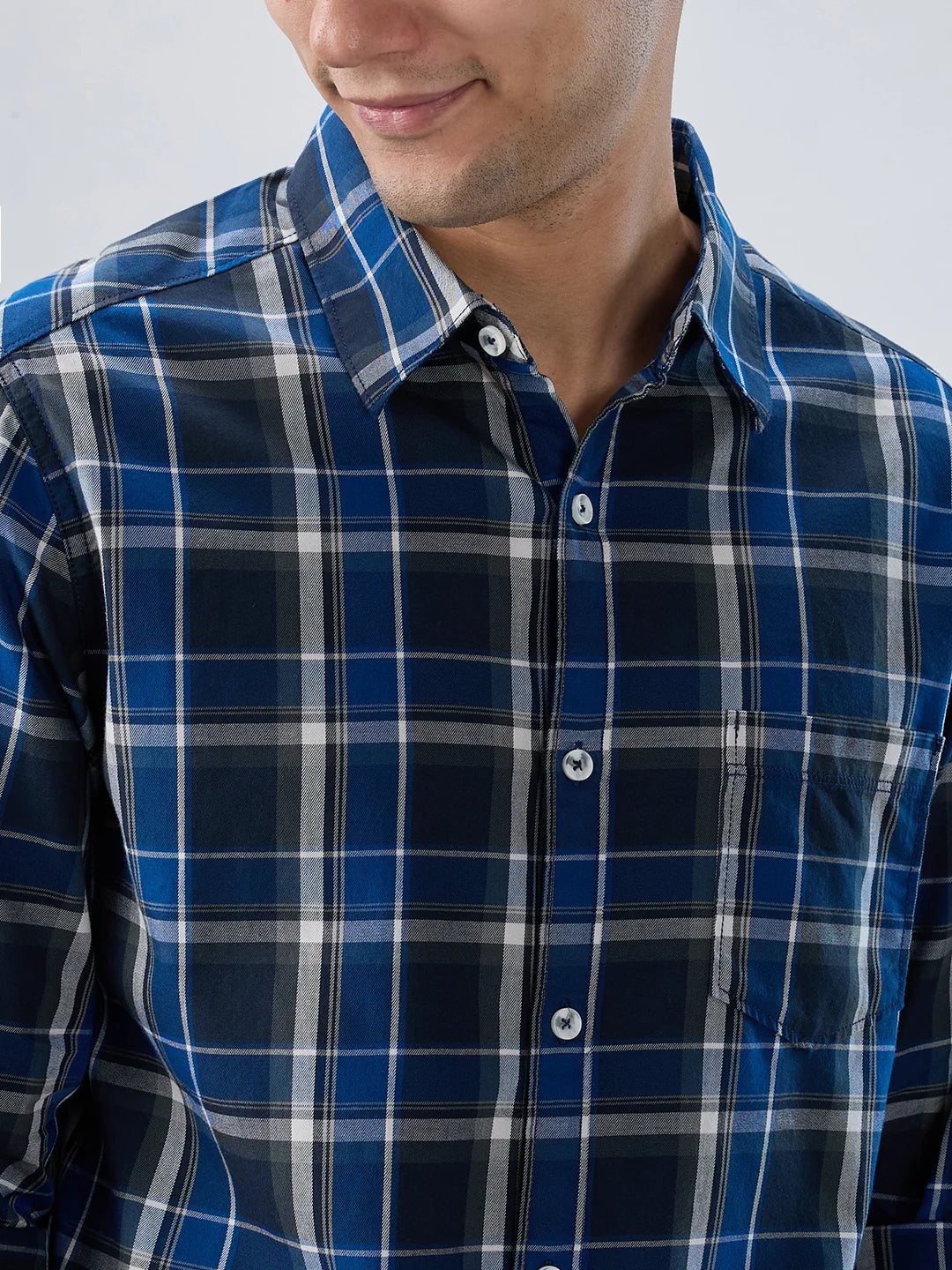 Men Shirt Check Navy Blue Regular Fit