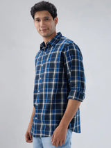 Men Shirt Check Navy Blue Regular Fit