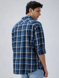 Men Shirt Check Navy Blue Regular Fit