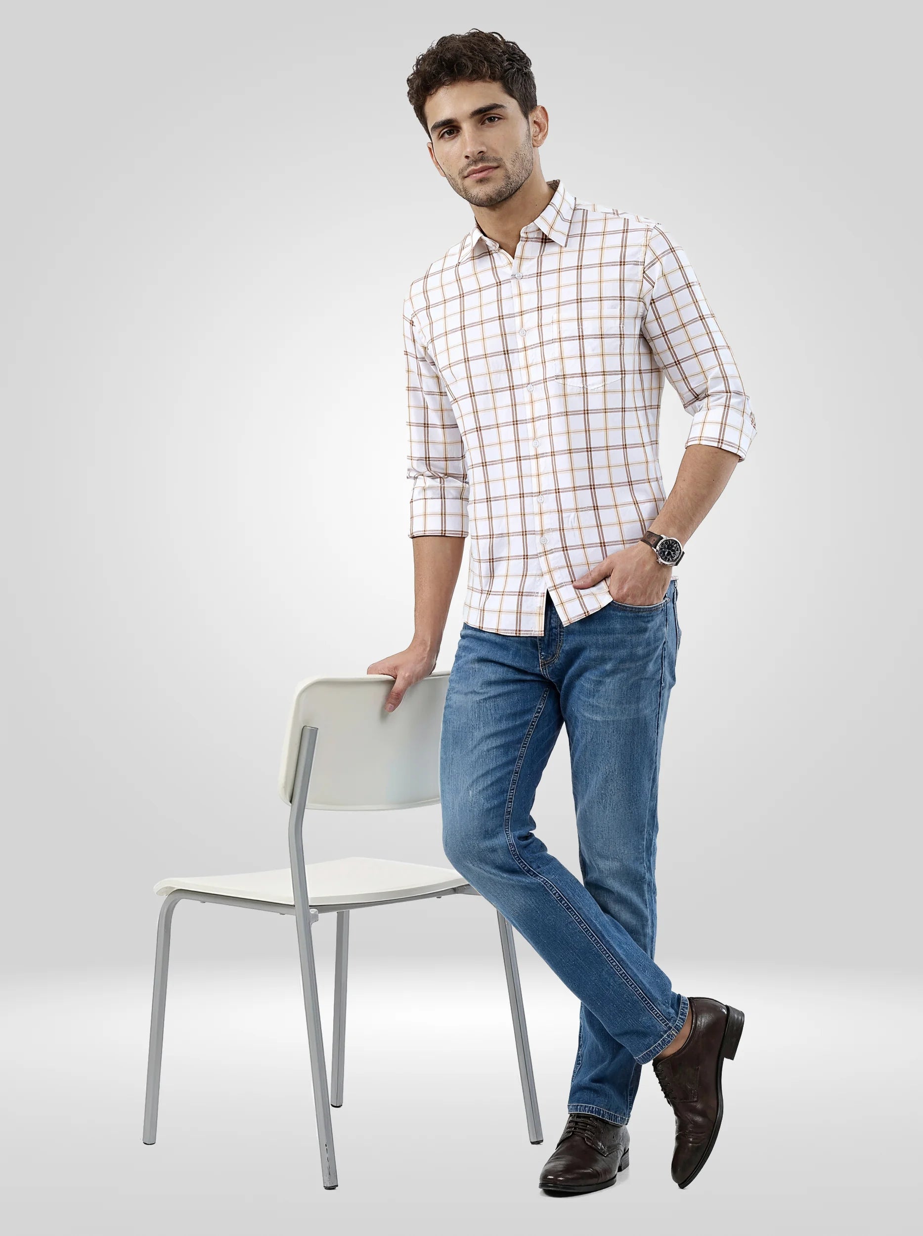 Men Shirt Check Brown Regular Fit