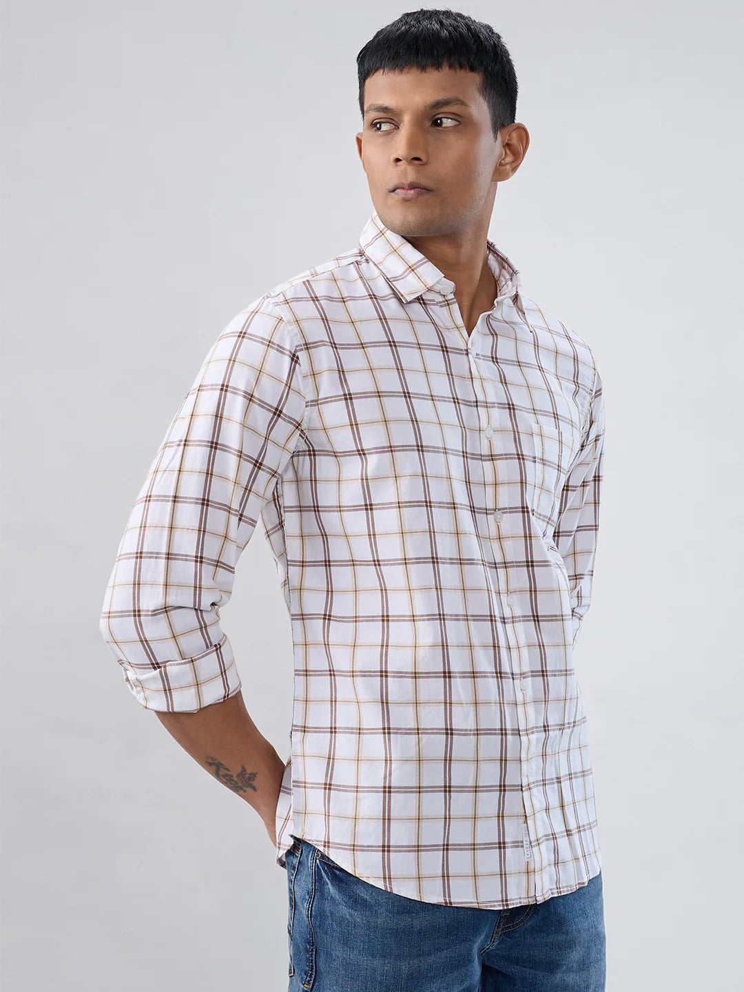 Men Shirt Check Brown Regular Fit