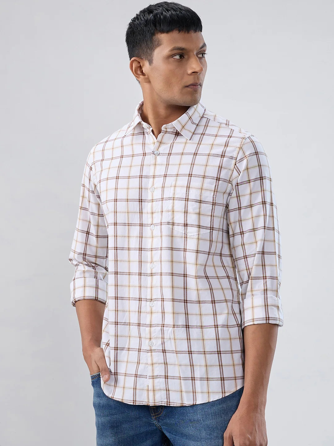 Men Shirt Check Brown Regular Fit