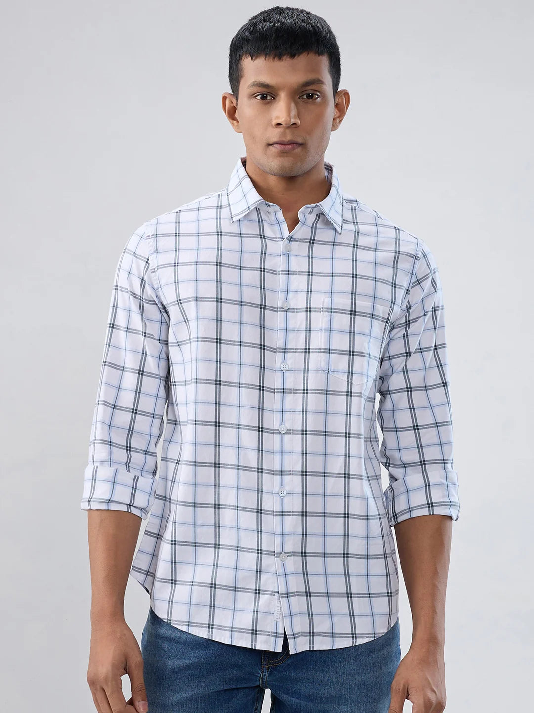 Men Shirt Check Navy Blue Regular Fit