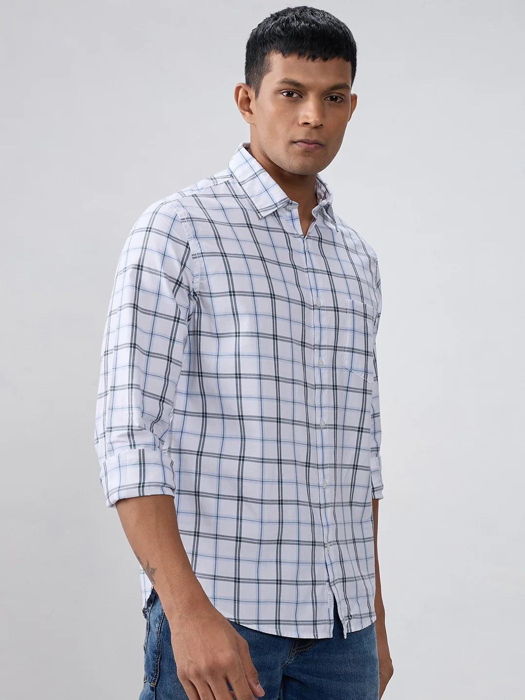 Men Shirt Check Navy Blue Regular Fit