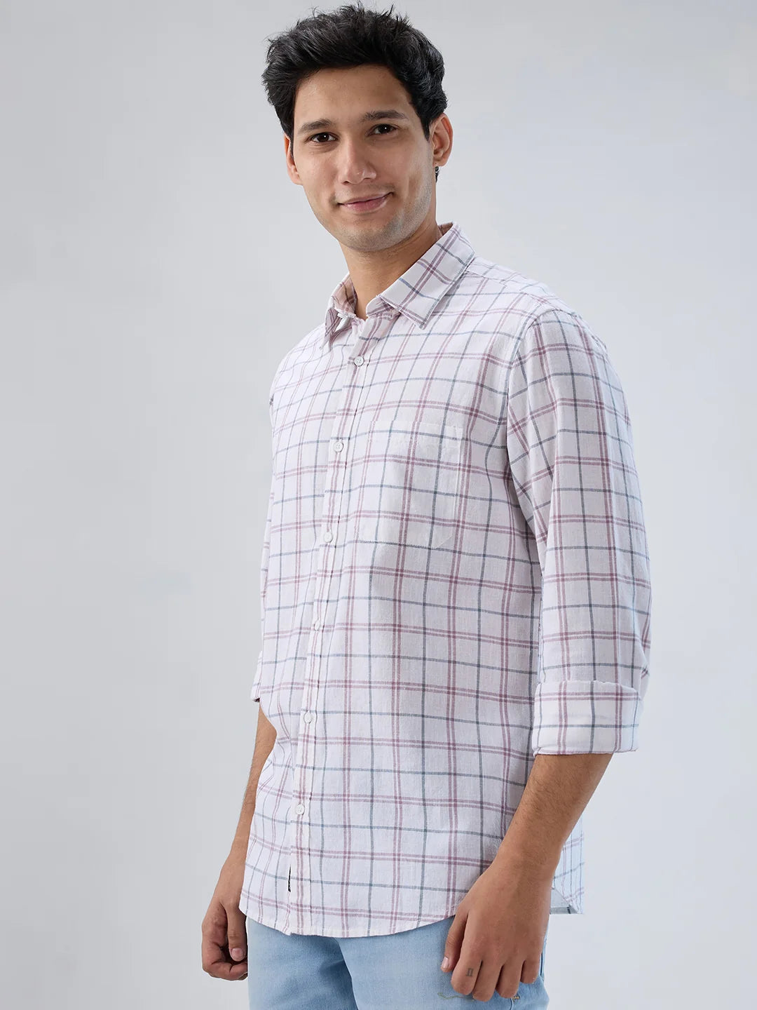 Men Shirt Check Pink Regular Fit
