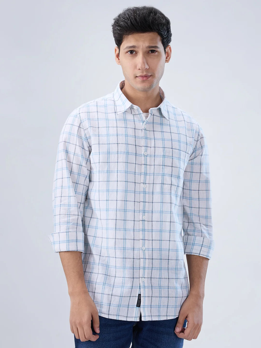 Men Shirt Check Blue Regular Fit