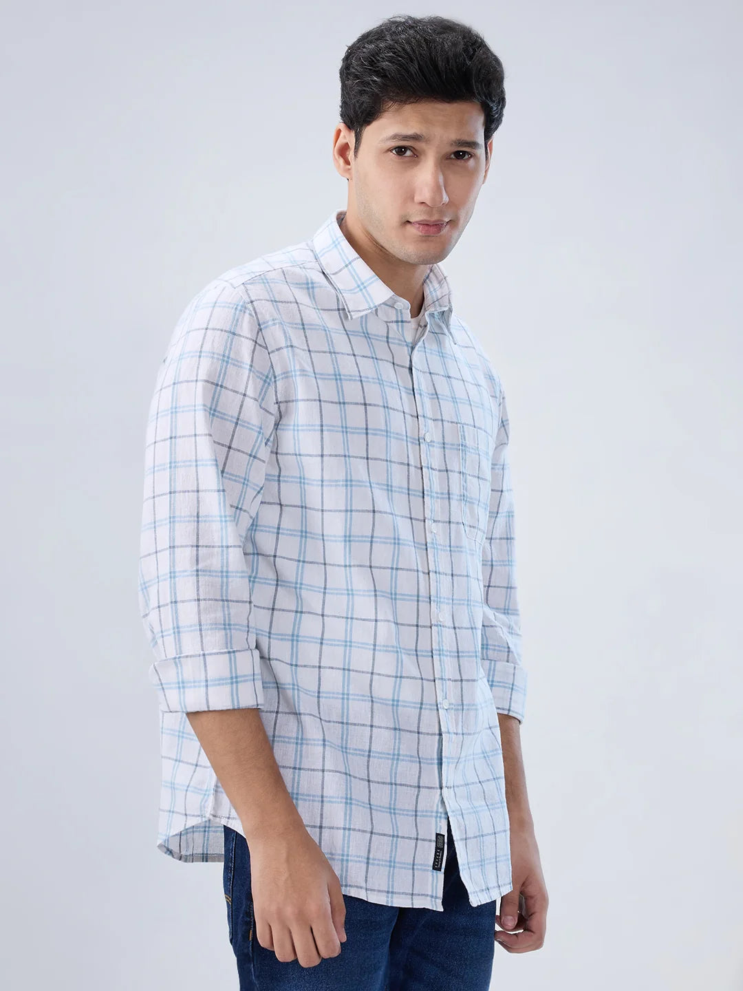 Men Shirt Check Blue Regular Fit