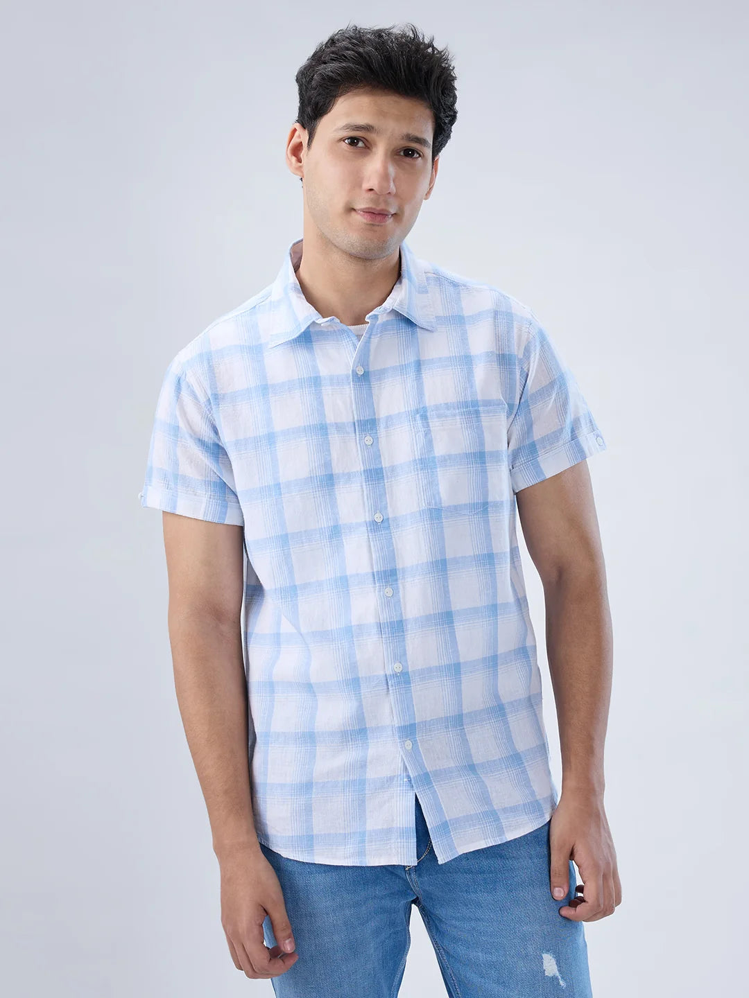 Men Shirt Check Blue Regular Fit