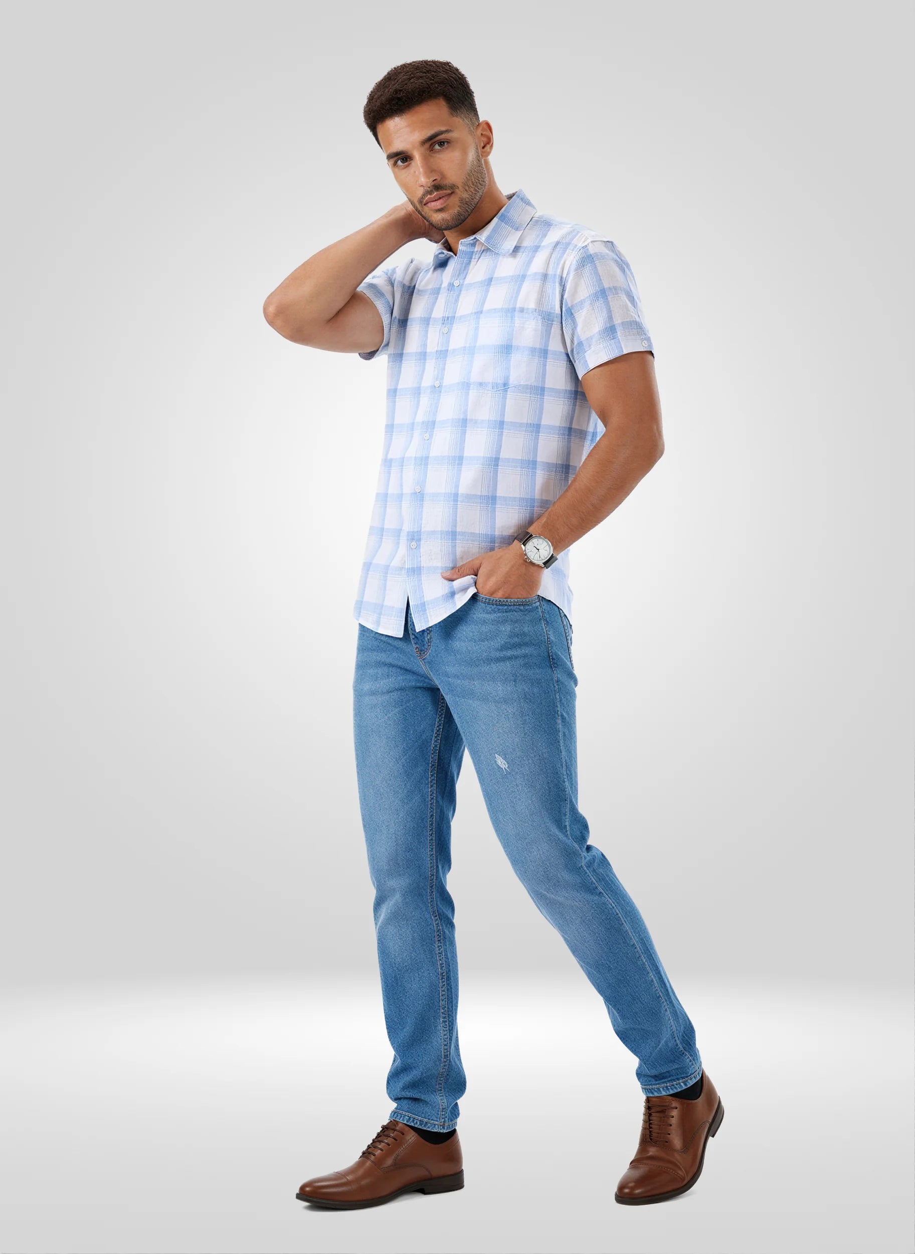 Men Shirt Check Blue Regular Fit