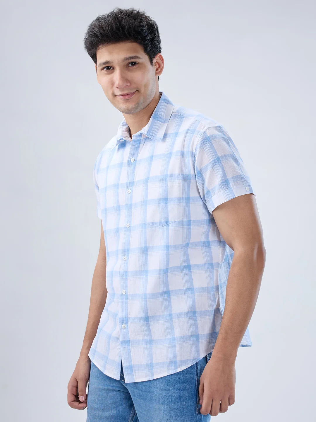 Men Shirt Check Blue Regular Fit