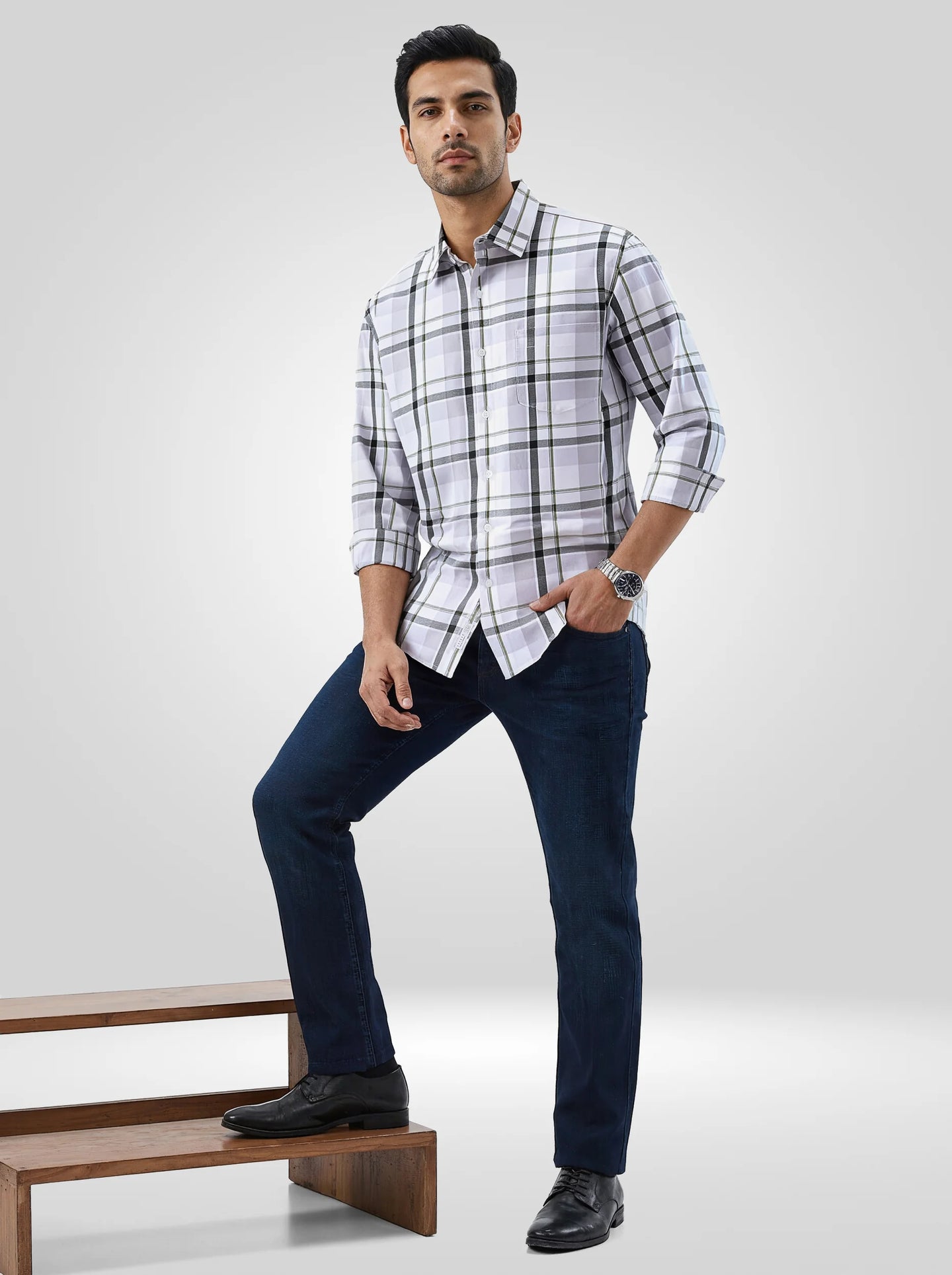 Men Shirt Check Green Regular Fit