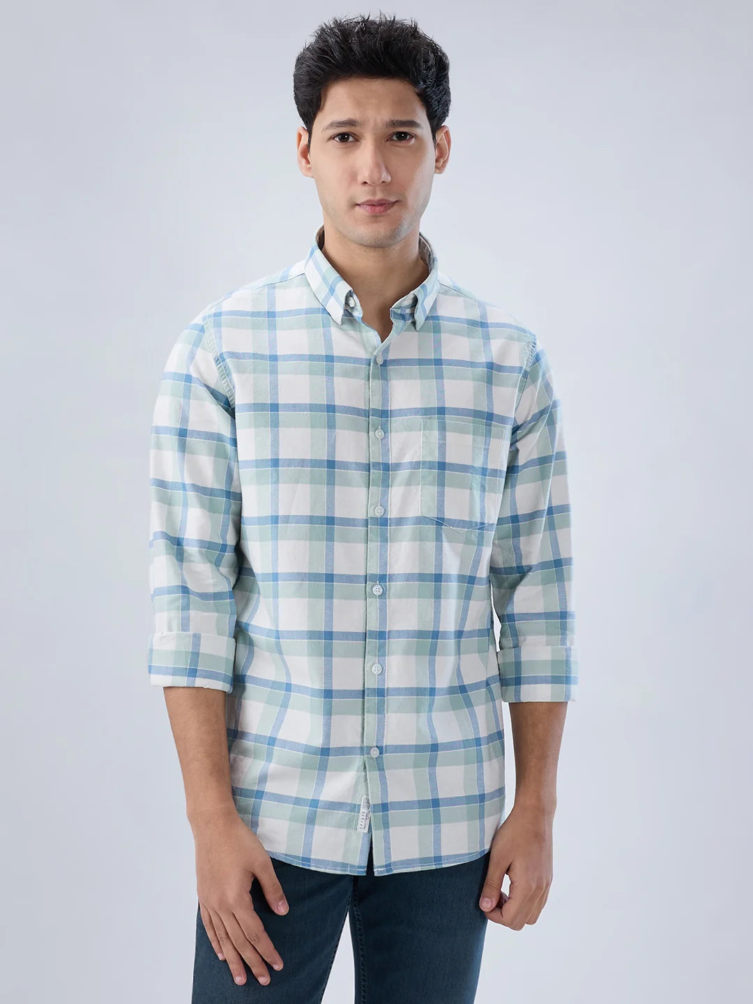 Men Shirt Check Blue Regular Fit