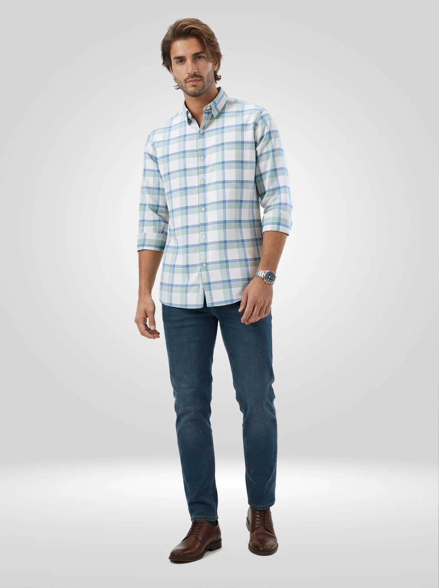 Men Shirt Check Blue Regular Fit