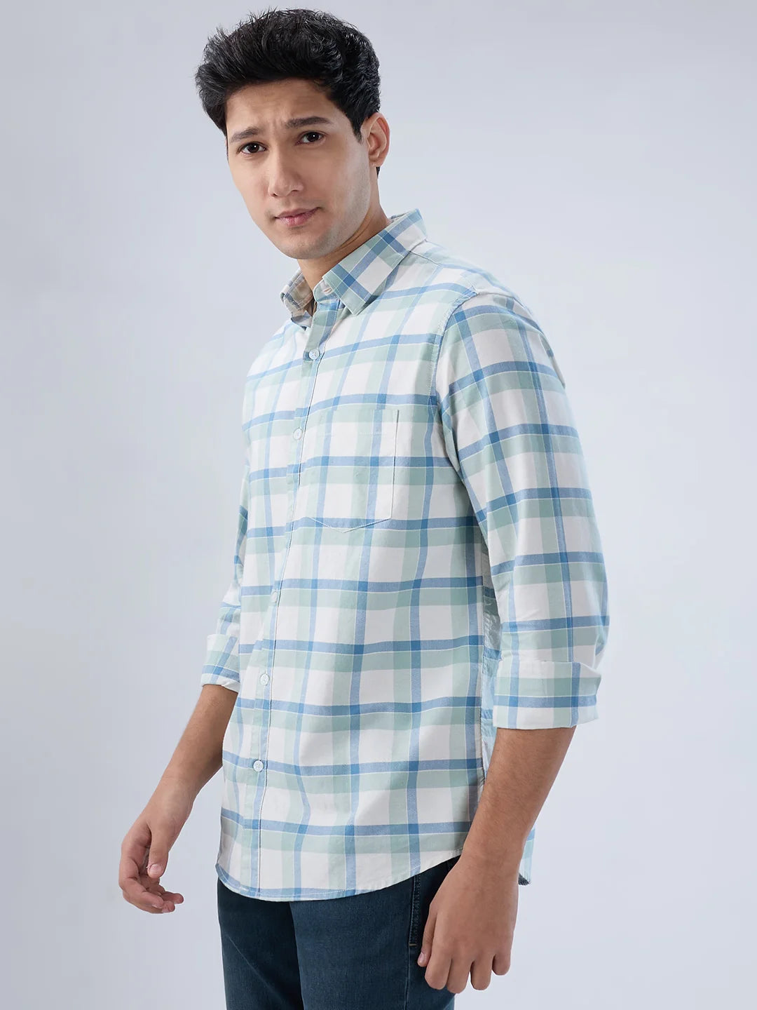 Men Shirt Check Blue Regular Fit