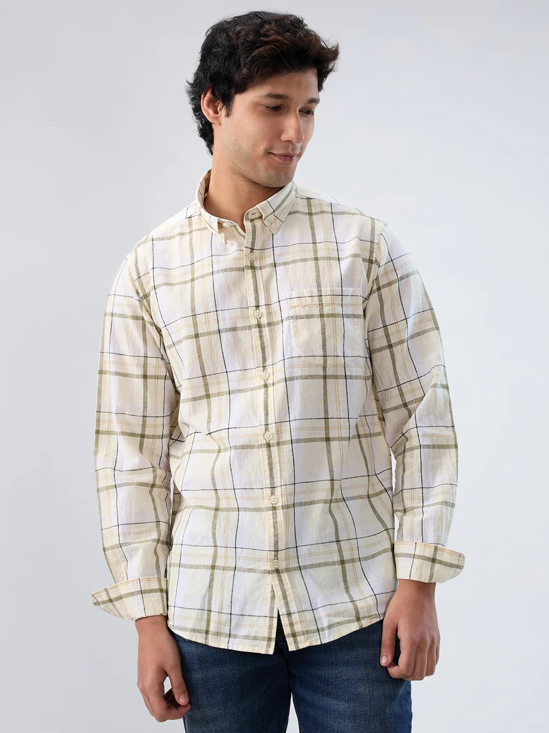 Men Shirt Check Beige Regular Fit
