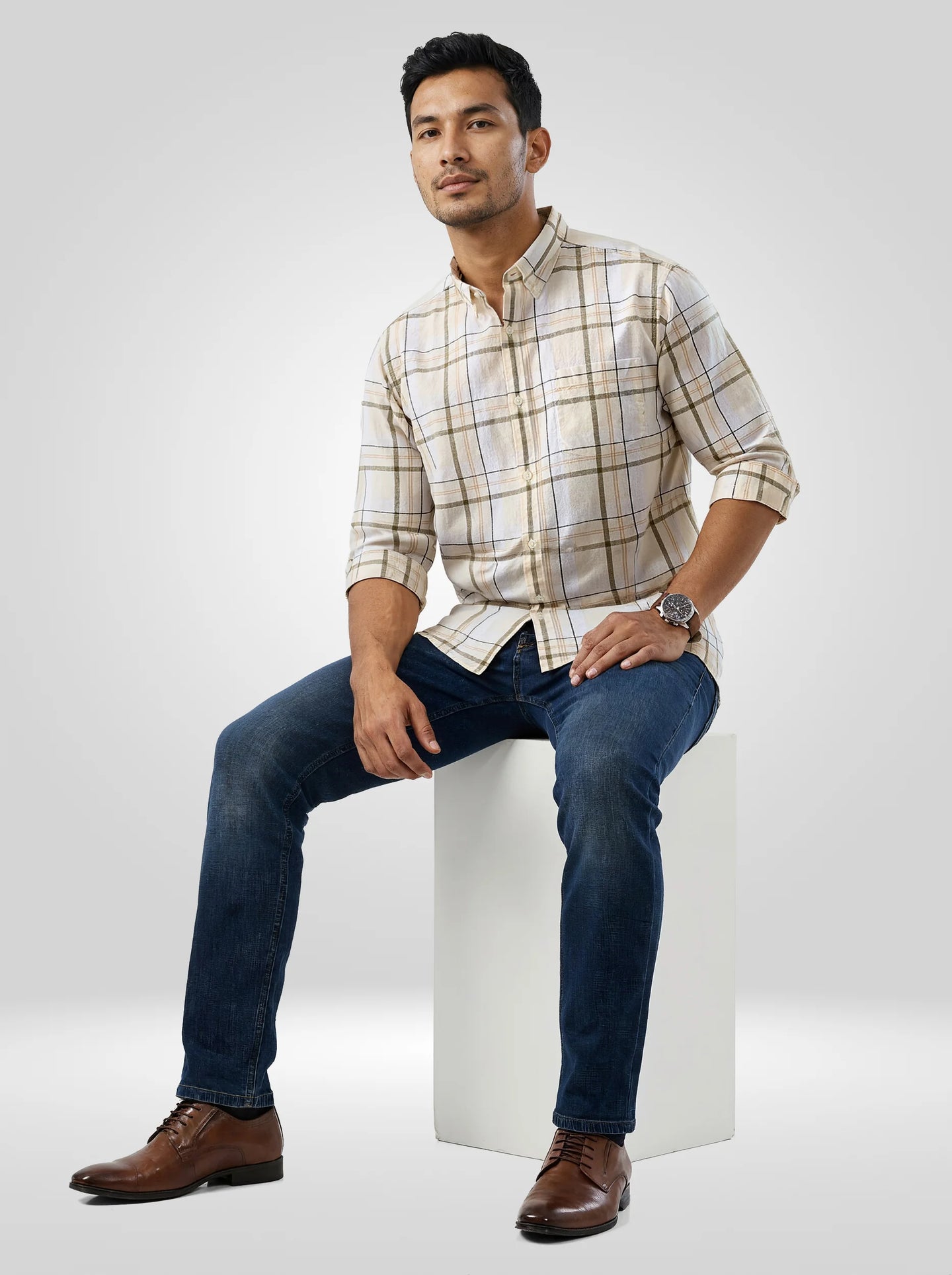 Men Shirt Check Beige Regular Fit