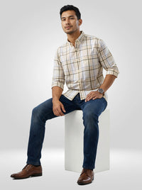 Men Shirt Check Beige Regular Fit
