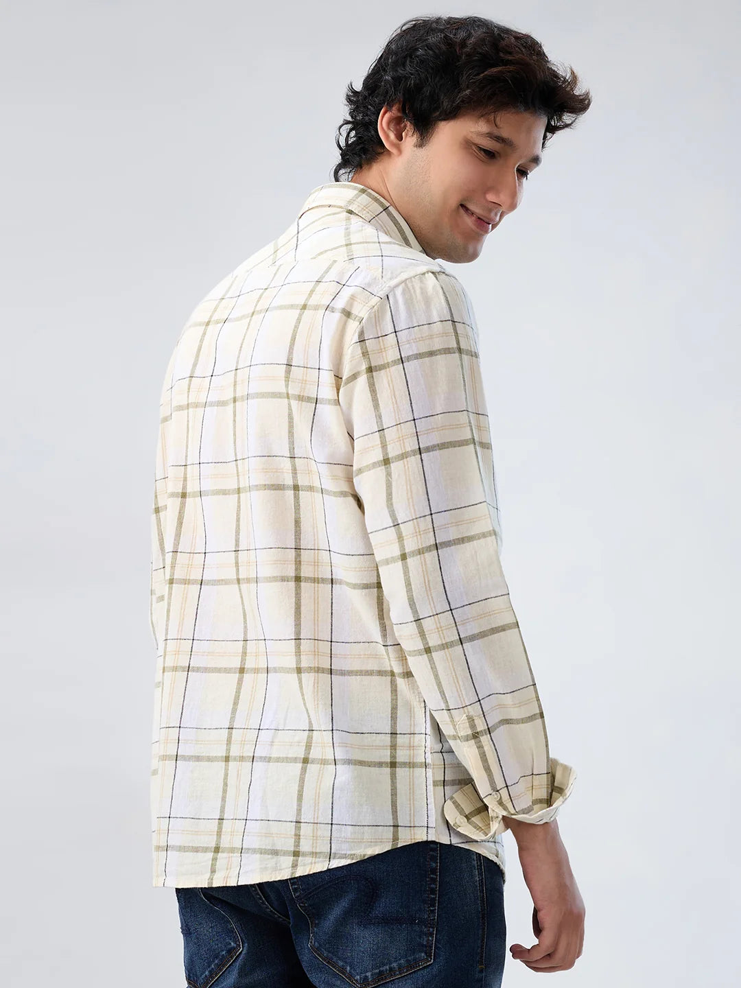 Men Shirt Check Beige Regular Fit