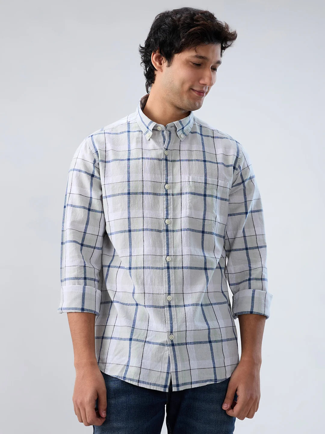 Men Shirt Check Grey Regular Fit