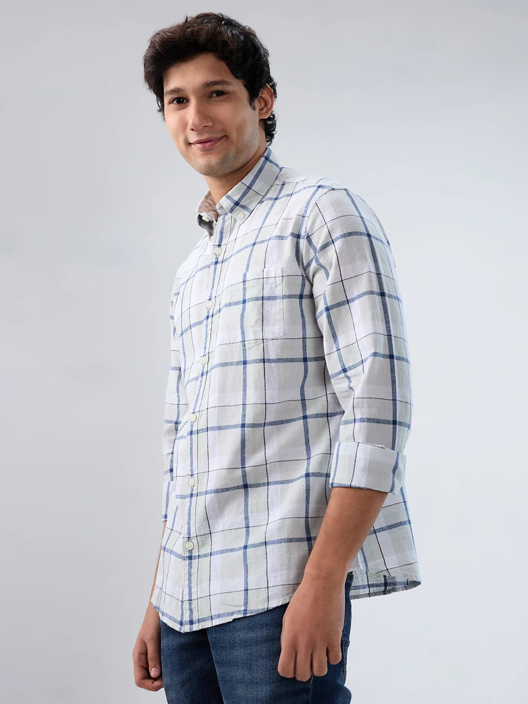 Men Shirt Check Grey Regular Fit