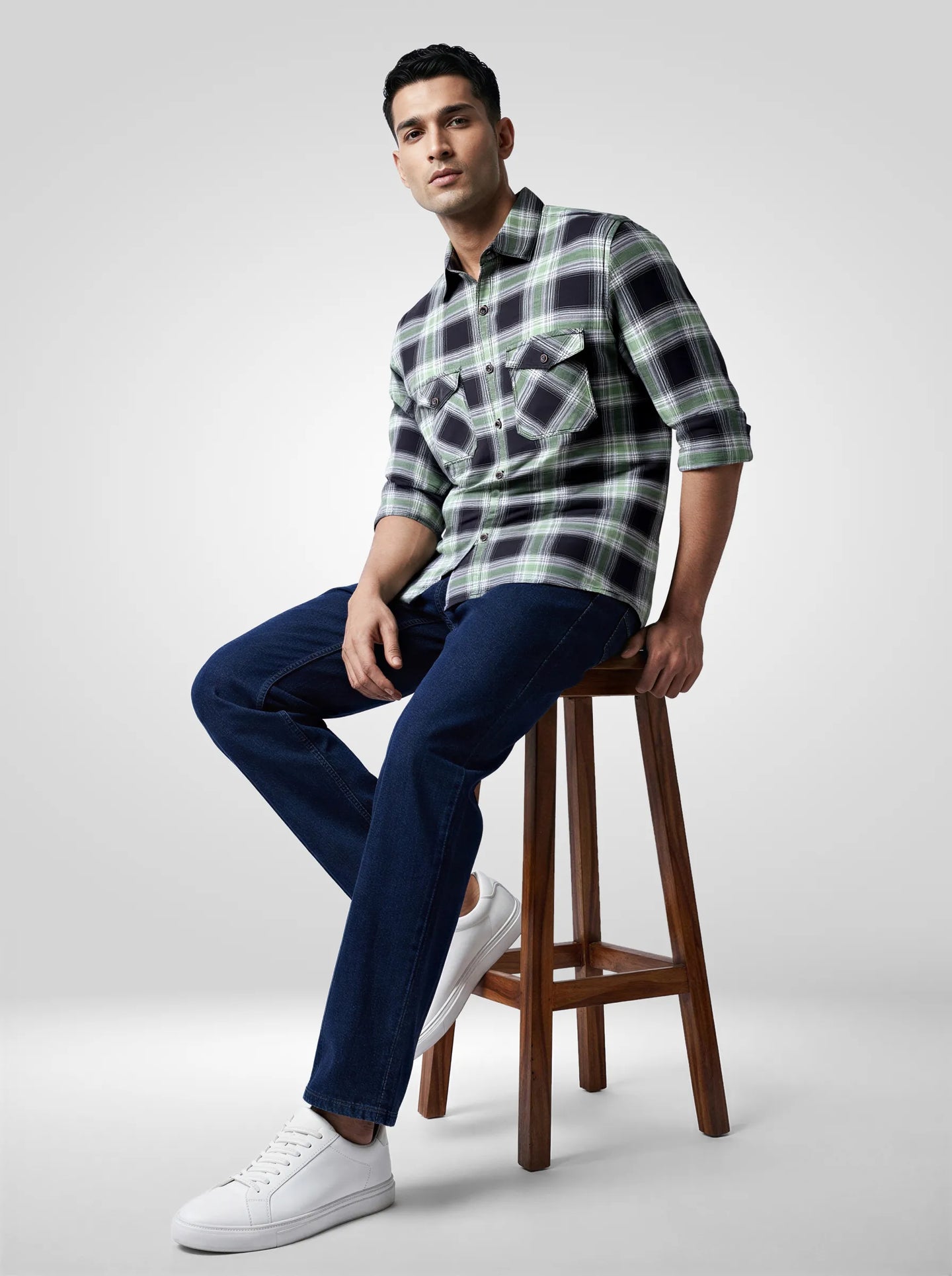 Men Shirt Check Green Regular Fit