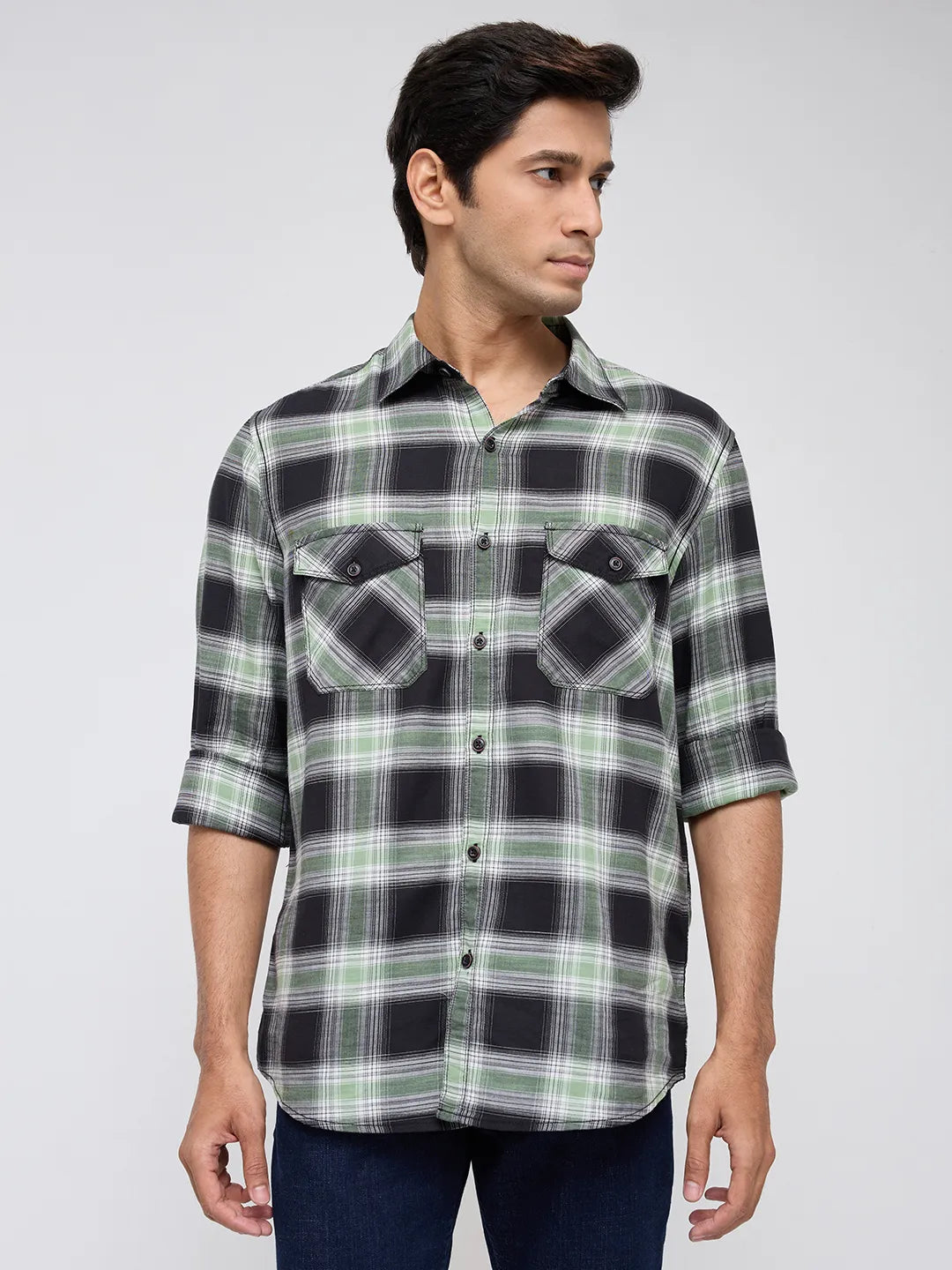 Men Shirt Check Green Regular Fit