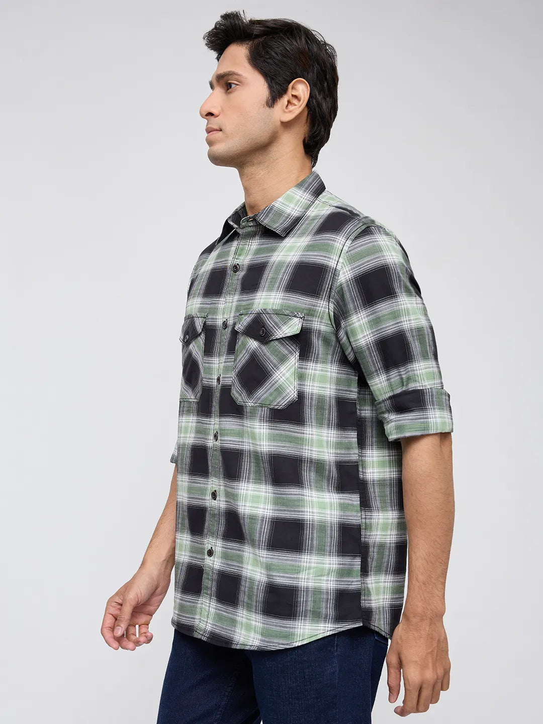 Men Shirt Check Green Regular Fit