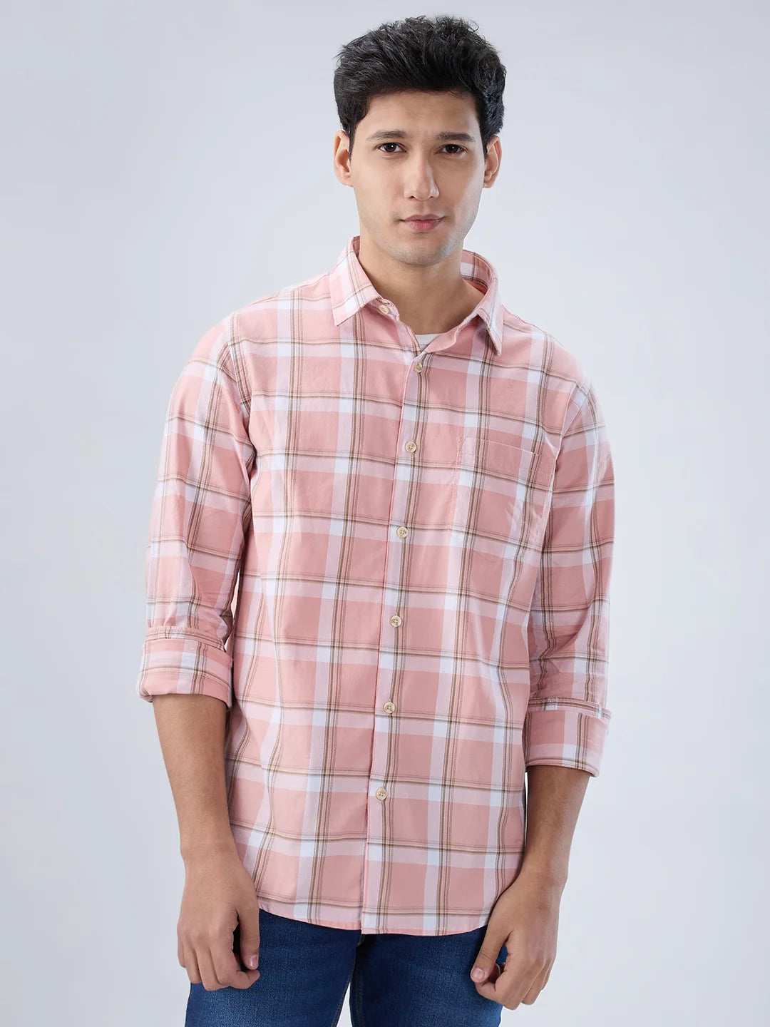 Men Shirt Check Pink Regular Fit