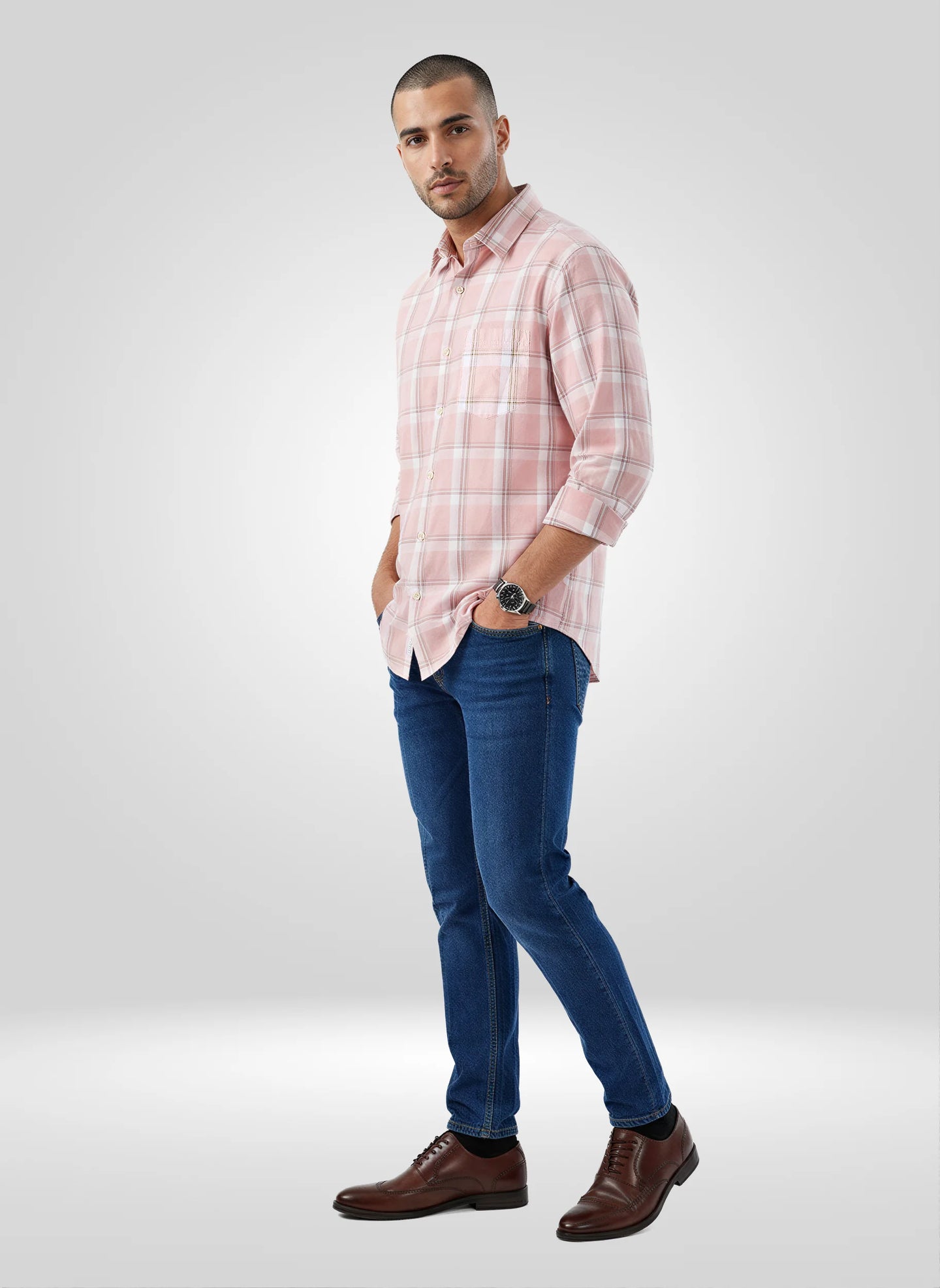 Men Shirt Check Pink Regular Fit