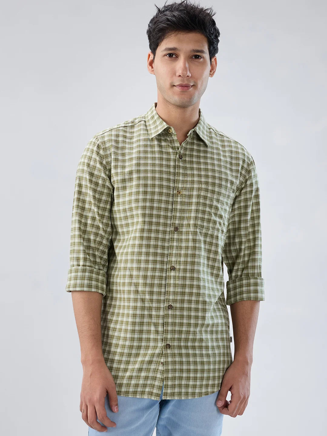 Men Shirt Check Green Regular Fit