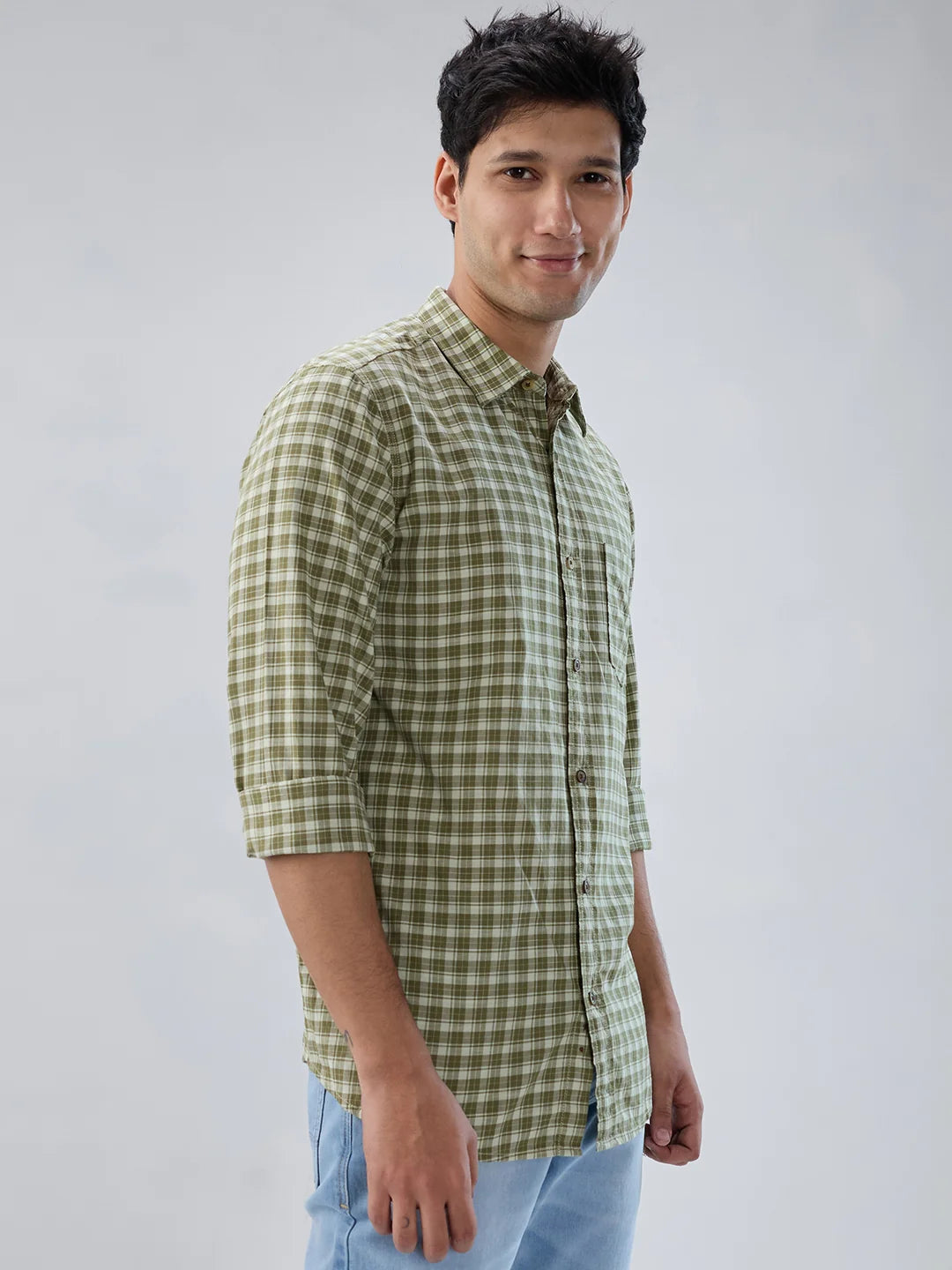Men Shirt Check Green Regular Fit