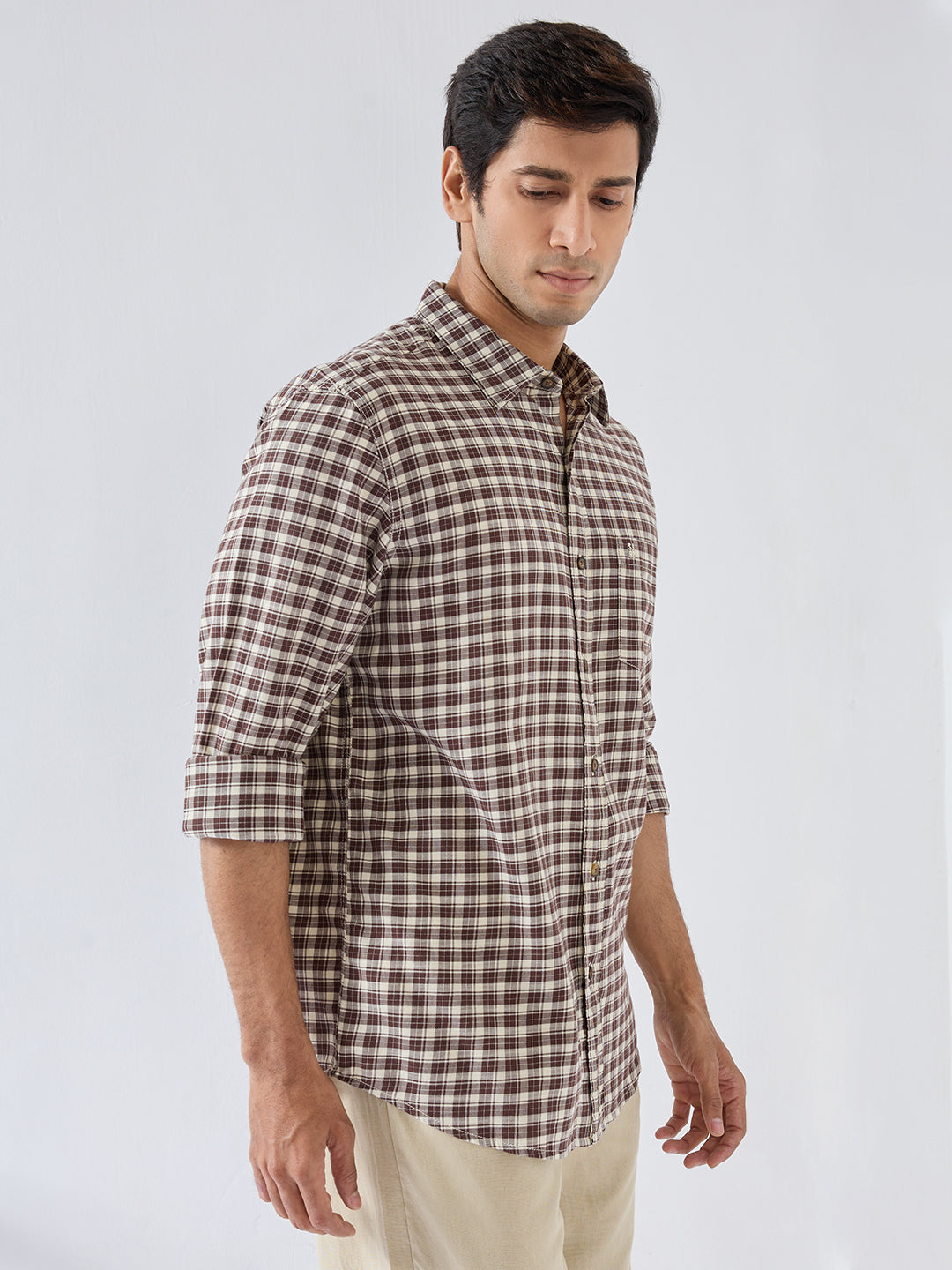 Men Shirt Check Brown Regular Fit