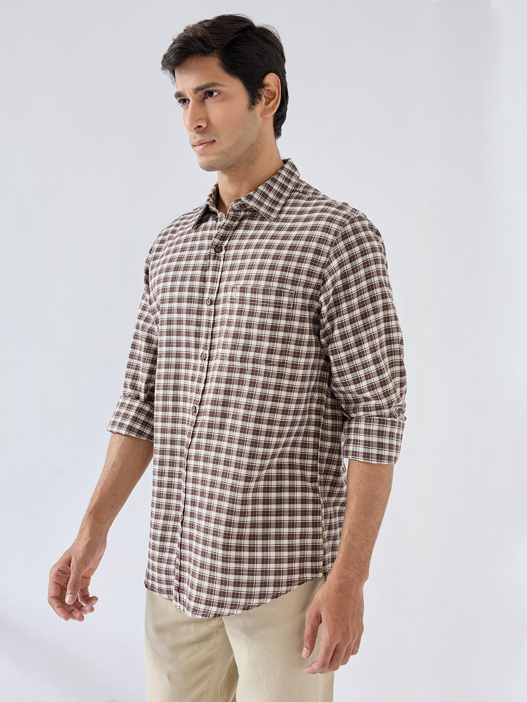 Men Shirt Check Brown Regular Fit