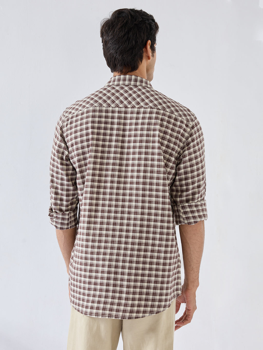 Men Shirt Check Brown Regular Fit