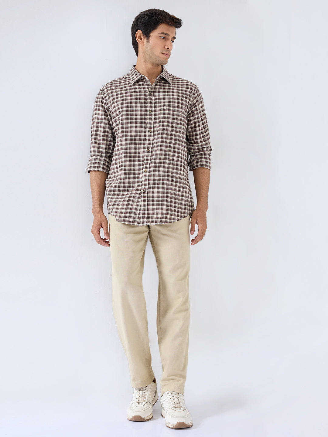 Men Shirt Check Brown Regular Fit