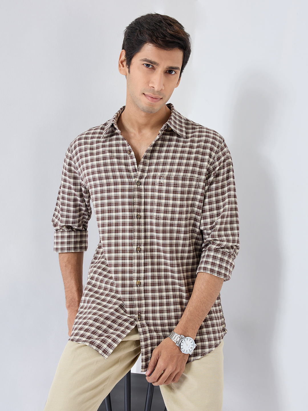 Men Shirt Check Brown Regular Fit