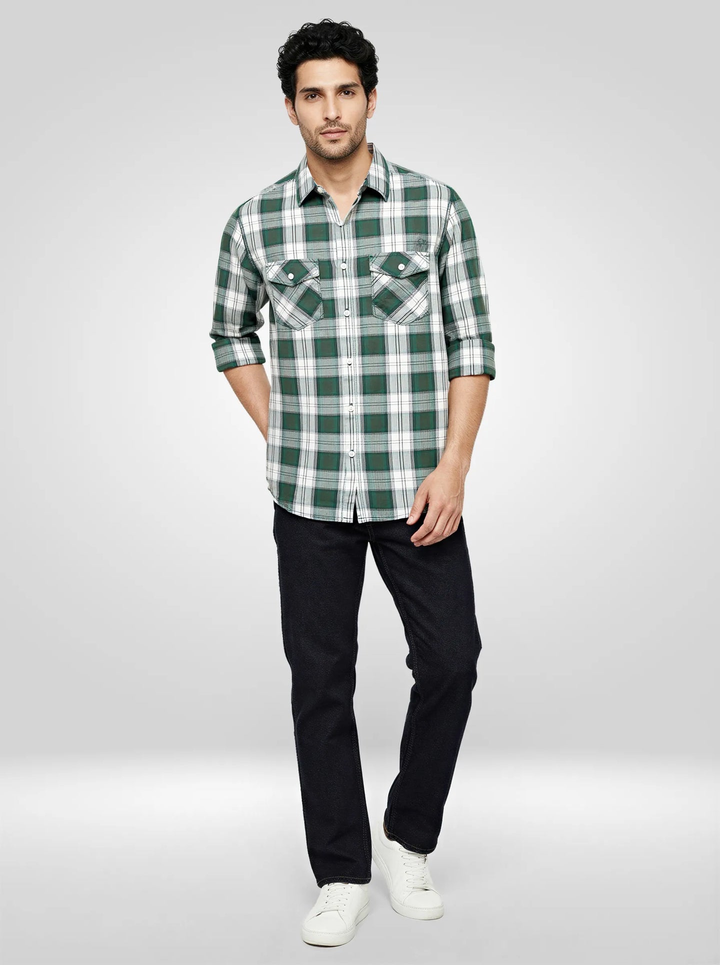 Men Shirt Check Green Regular Fit